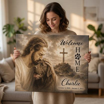 Woman holding personalized God welcome home Labrador memorial canvas with Jesus, cross, dog name Charlie and memorial dates