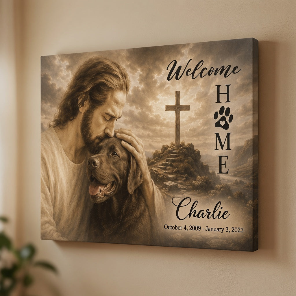 Personalized Christian Labrador memorial canvas with Jesus holding a dog, cross background, and custom pet name Charlie