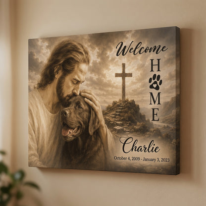 Personalized Christian Labrador memorial canvas with Jesus holding a dog, cross background, and custom pet name Charlie