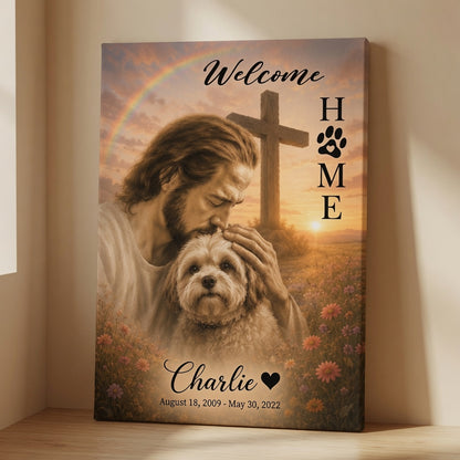 Personalized Christian dog memorial canvas leaning on floor with Jesus, cross, rainbow, and custom memorial name Charlie