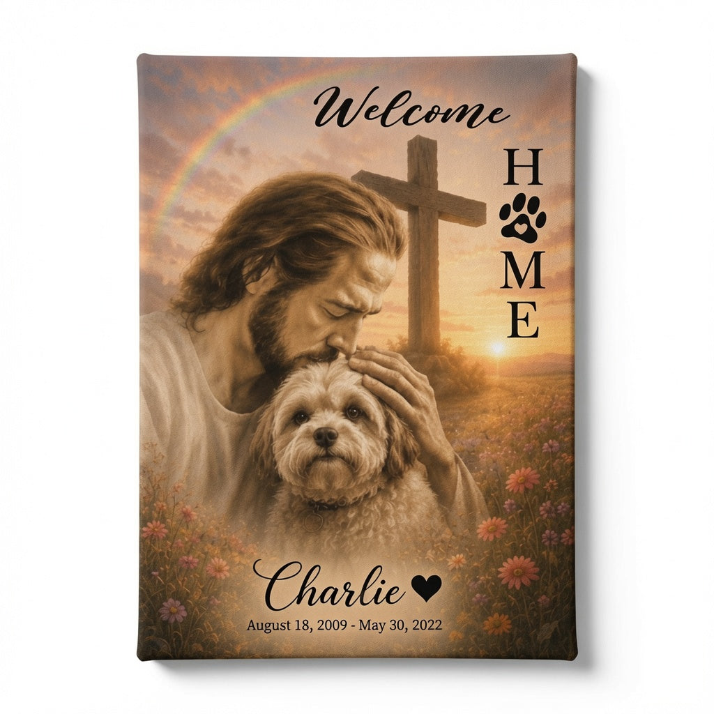 Personalized Christian dog memorial canvas with Jesus, cross, rainbow, Welcome Home text, and custom pet name Charlie on clean background