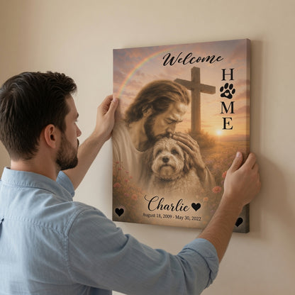 Man hanging personalized Christian pet memorial canvas with Jesus, cross, rainbow sky, and custom dog name Charlie