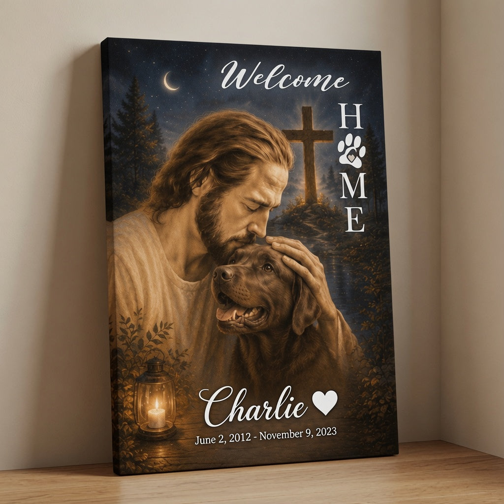 Personalized Christian pet memorial canvas leaning on floor with Jesus, cross, moonlit sky, lantern, and custom pet name Charlie