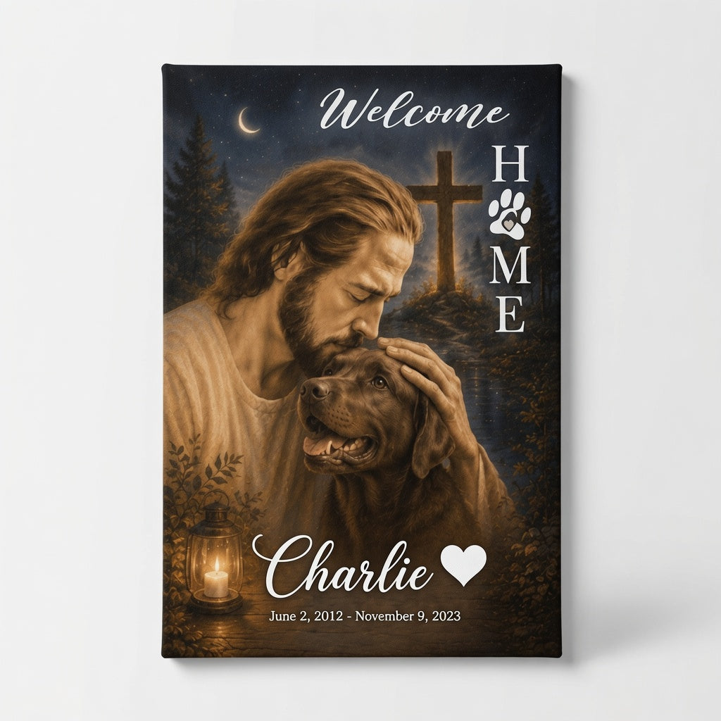Personalized Christian pet memorial canvas with Jesus, cross, moonlit night background, Welcome Home text, and custom pet name Charlie on clean background