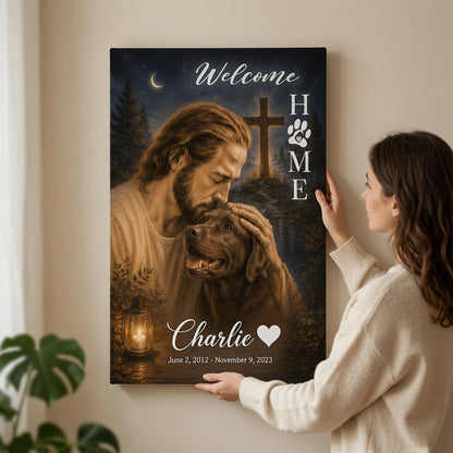 Woman hanging personalized Christian pet memorial canvas with Jesus, cross, lantern, night sky, and custom pet name Charlie