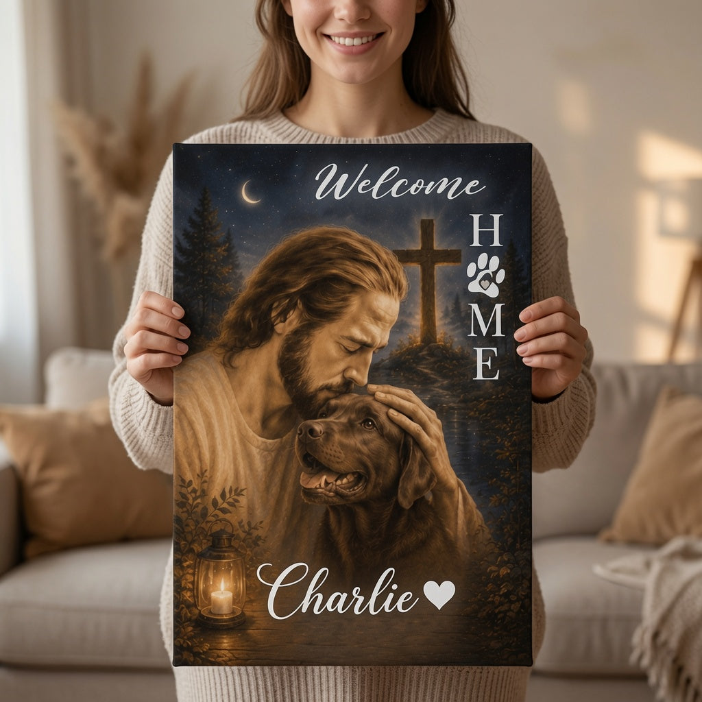 Woman holding personalized Christian pet memorial canvas with Jesus, cross, lantern glow, Welcome Home text, and custom pet memorial name Charlie