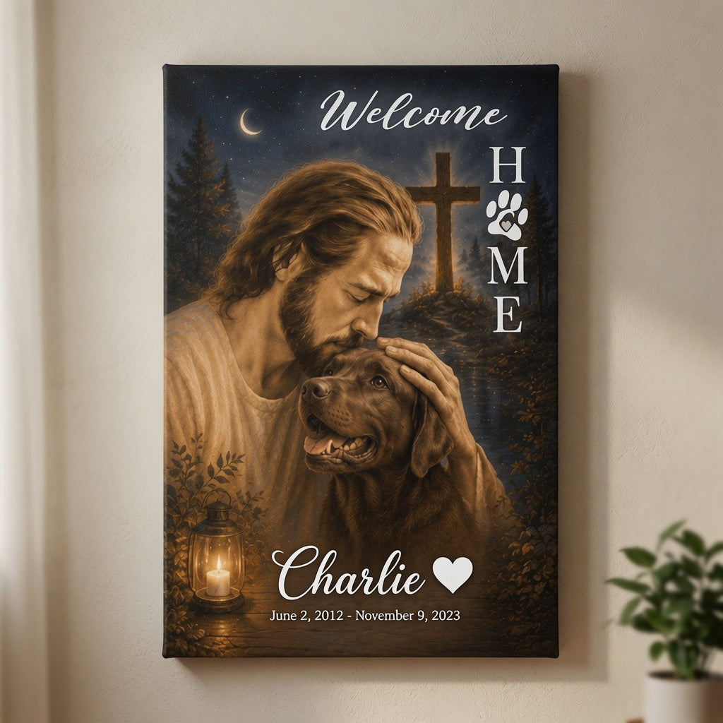 Personalized Christian pet memorial canvas with Jesus, cross, moonlit night scene, Welcome Home text, and custom pet name Charlie on wall