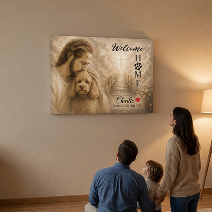 Family viewing personalized Christian poodle memorial canvas with Jesus, cross, and custom dog name Charlie