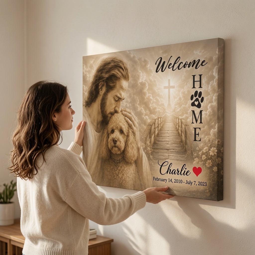 Woman hanging personalized God Welcome Home poodle memorial canvas with Jesus, heavenly bridge, and custom pet name Charlie