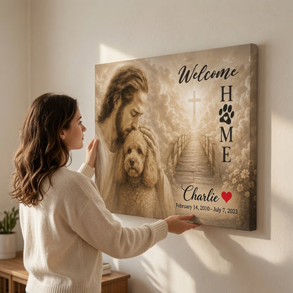 Woman hanging personalized God Welcome Home poodle memorial canvas with Jesus, heavenly bridge, and custom pet name Charlie