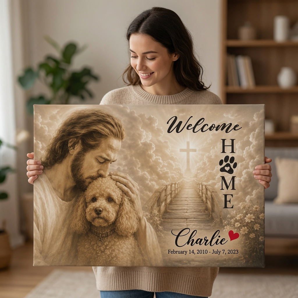 Woman holding personalized God Welcome Home poodle memorial canvas with Jesus, cross, and dog memorial dates