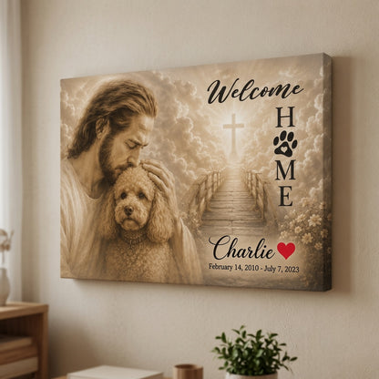 Personalized Christian poodle memorial canvas wall art with Jesus, cross, Welcome Home text, and custom pet name Charlie