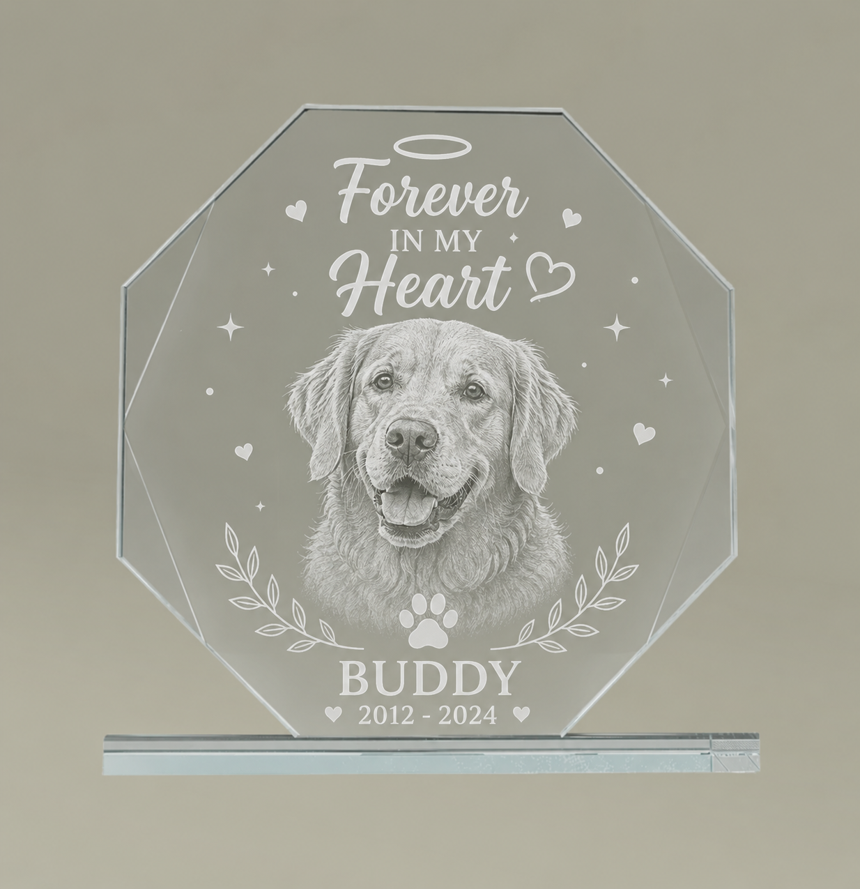 Personalized dog memorial octagon glass award engraving Forever In My Heart