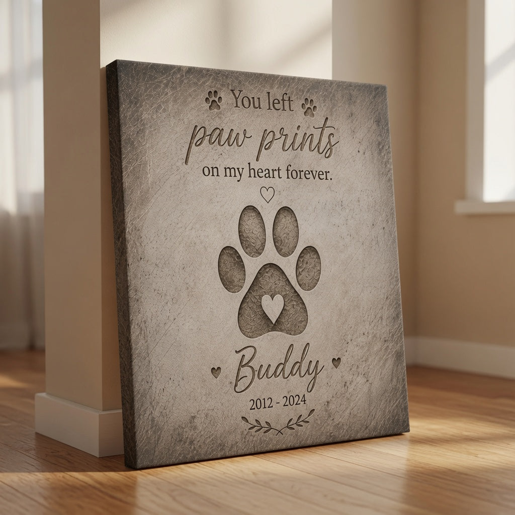Personalized paw print pet memorial canvas leaning on floor with custom pet name and memorial years