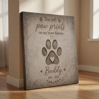 Personalized paw print pet memorial canvas leaning on floor with custom pet name and memorial years