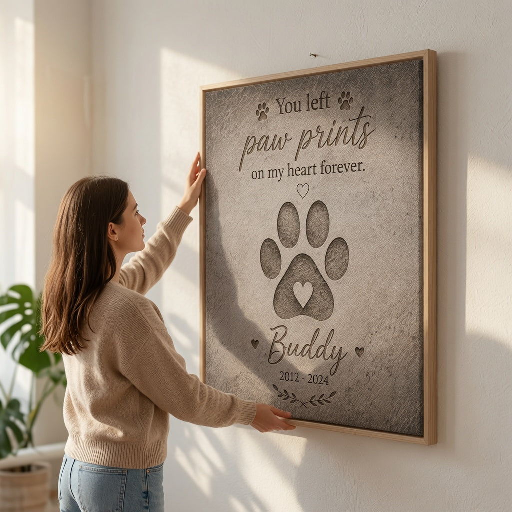 Woman hanging personalized paw print dog memorial canvas on wall
