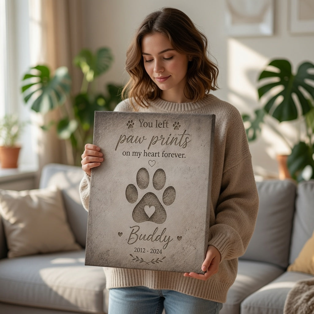 Woman holding personalized paw print memorial canvas with pet name Buddy and memorial dates