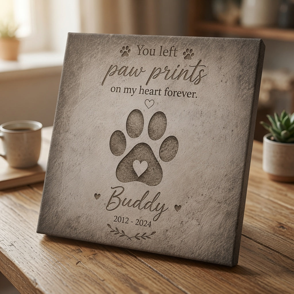 Personalized paw print pet memorial canvas on table with custom name Buddy and quote about paw prints