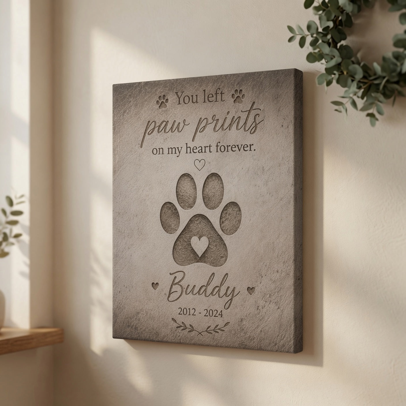 Personalized paw print dog memorial canvas with quote You left paw prints on my heart forever and custom name Buddy