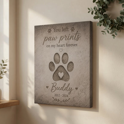 Personalized paw print dog memorial canvas with quote You left paw prints on my heart forever and custom name Buddy