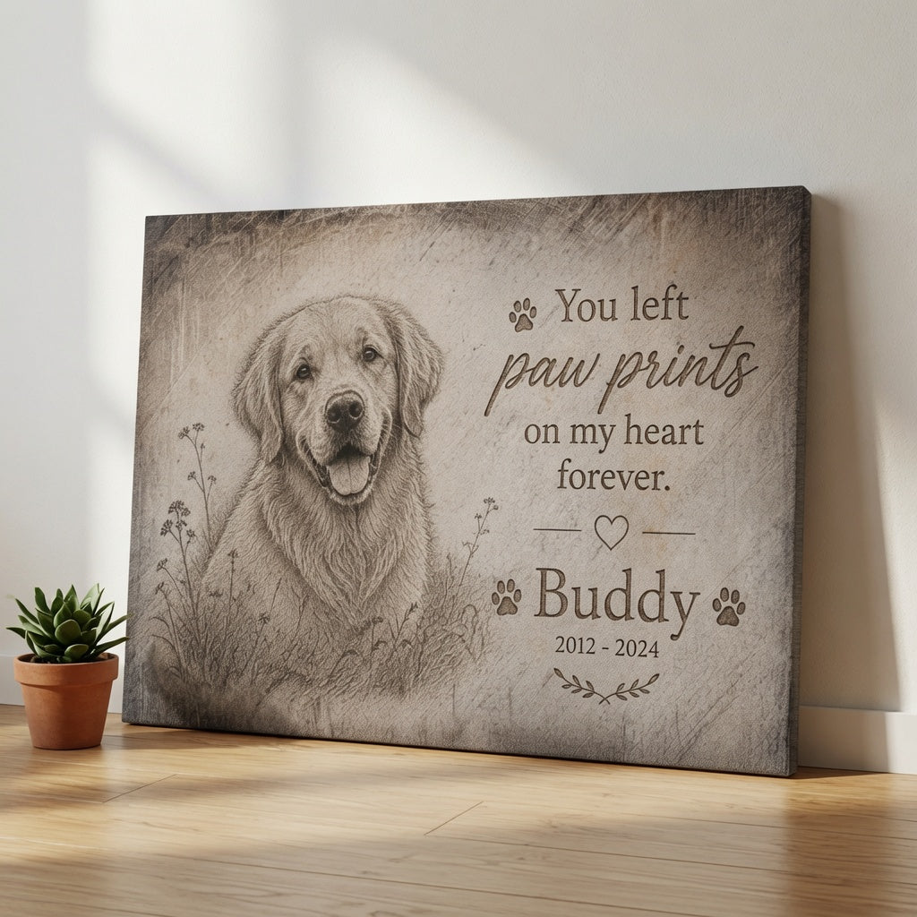 Personalized dog memorial canvas with dog sketch portrait and paw prints quote displayed leaning against wall