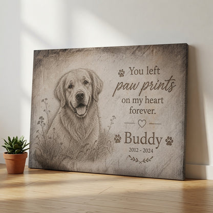 Personalized dog memorial canvas with dog sketch portrait and paw prints quote displayed leaning against wall