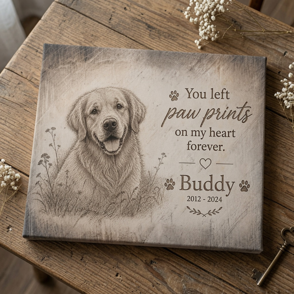 Personalized dog memorial canvas with paw prints quote and custom pet name shown in flat lay