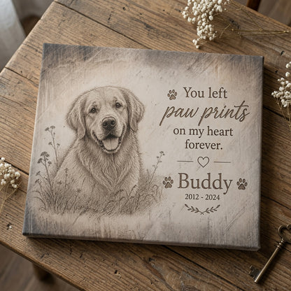 Personalized dog memorial canvas with paw prints quote and custom pet name shown in flat lay