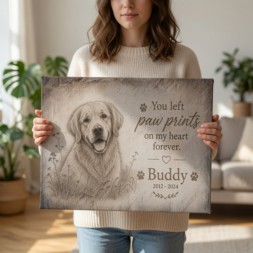 Woman holding personalized dog memorial canvas with custom dog sketch portrait and memorial name