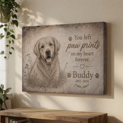 Personalized dog memorial canvas with You left paw prints on my heart forever quote hanging on wall