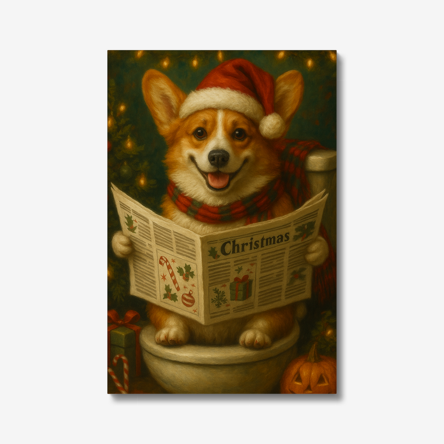 Funny Christmas Corgi Canvas – Holiday Bathroom Wall Art