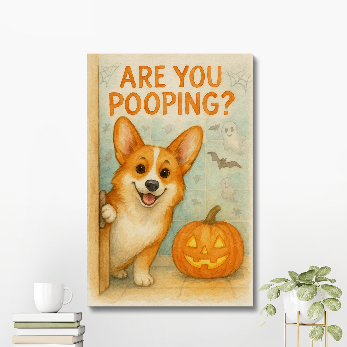 Cute Corgi Halloween Wall Art – Funny “Are You Pooping” Canvas