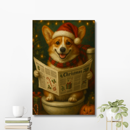Funny Christmas Corgi Canvas – Holiday Bathroom Wall Art