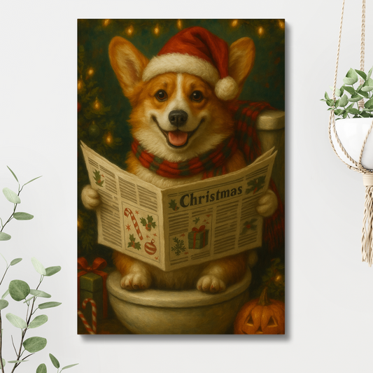 Funny Christmas Corgi Canvas – Holiday Bathroom Wall Art