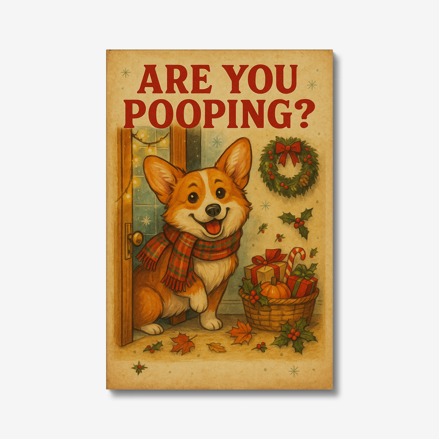 Corgi Christmas Bathroom Canvas – Funny “Are You Pooping?” Wall Art