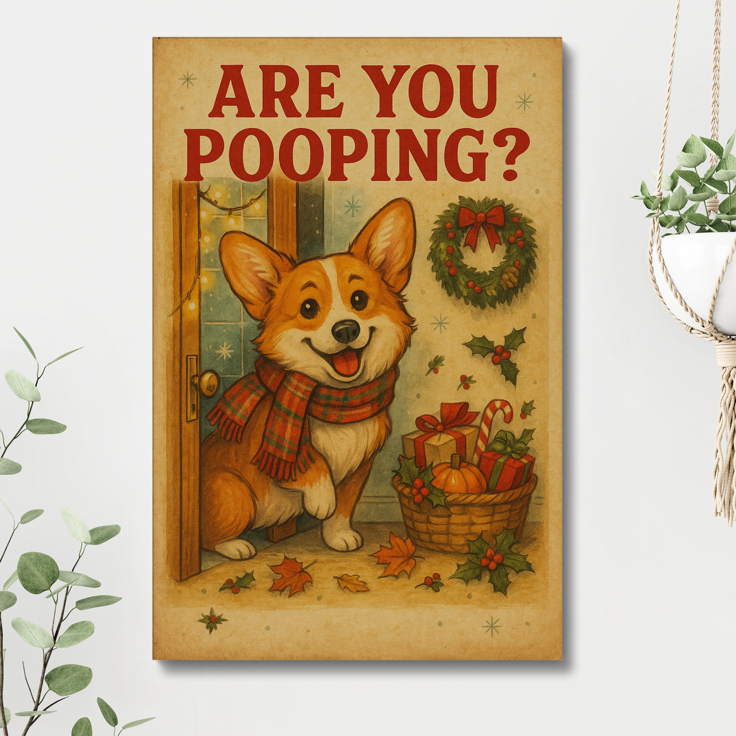 Corgi Christmas Bathroom Canvas – Funny “Are You Pooping?” Wall Art