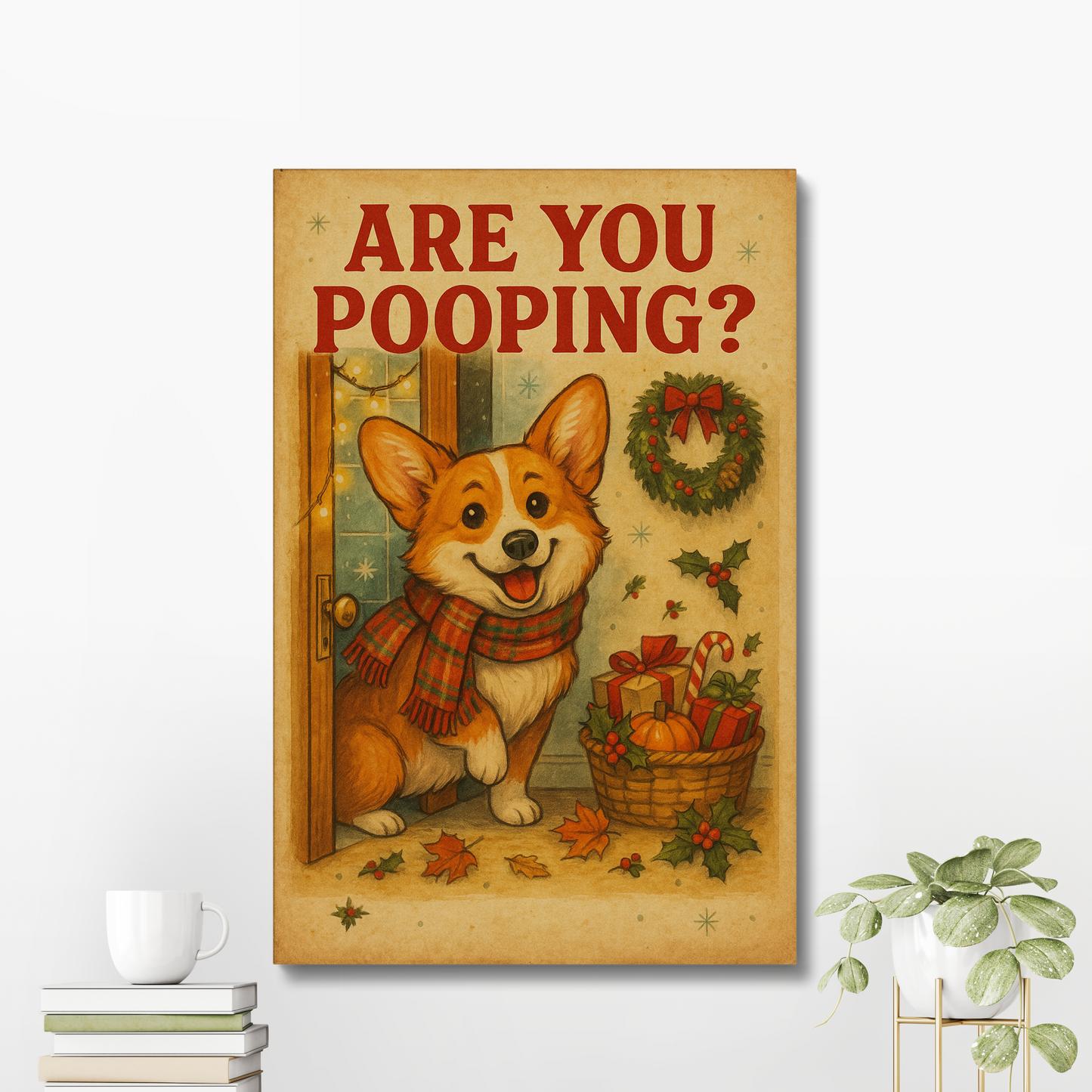Corgi Christmas Bathroom Canvas – Funny “Are You Pooping?” Wall Art