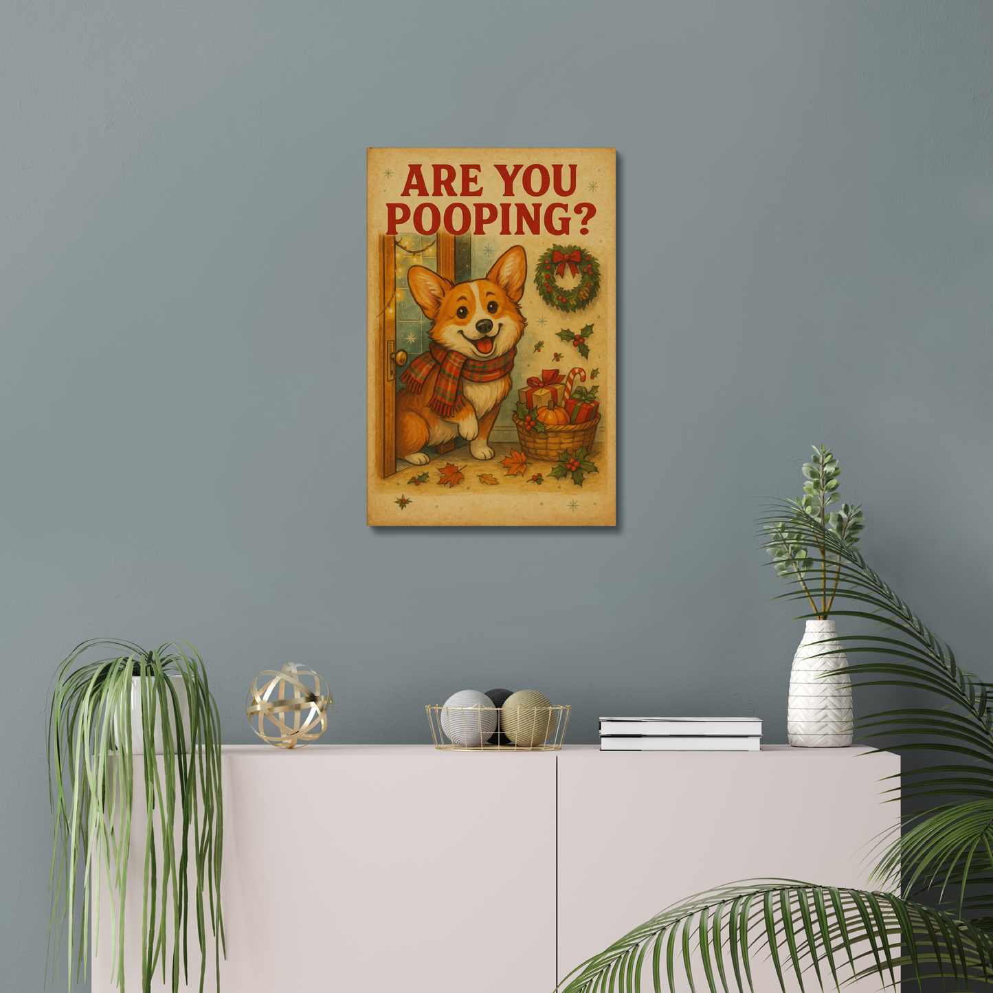 Corgi Christmas Bathroom Canvas – Funny “Are You Pooping?” Wall Art