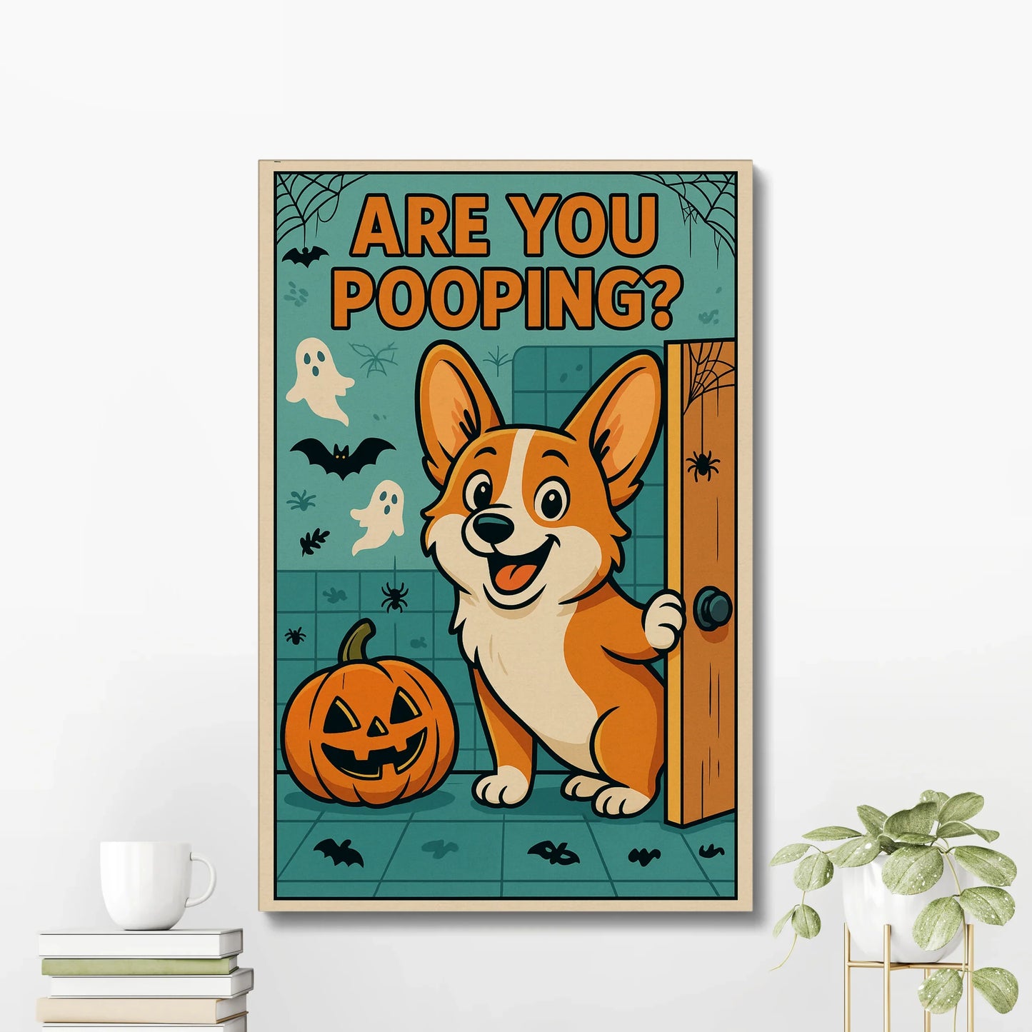 Funny Halloween Corgi Bathroom Canvas – Are You Pooping Wall Decor