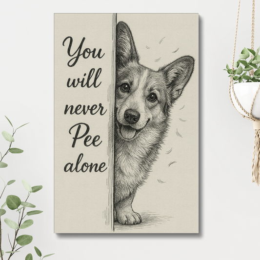 Fanny Corgi Wall Art – You Will Never Pee Alone Canvas Bathroom Decor