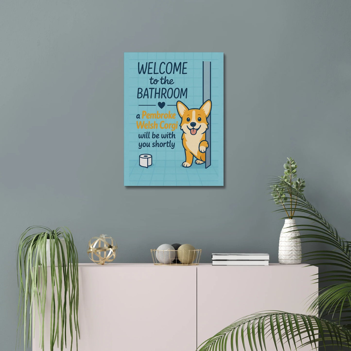 Funny Corgi Bathroom Canvas Wall Art – Cute Dog Lover Gift