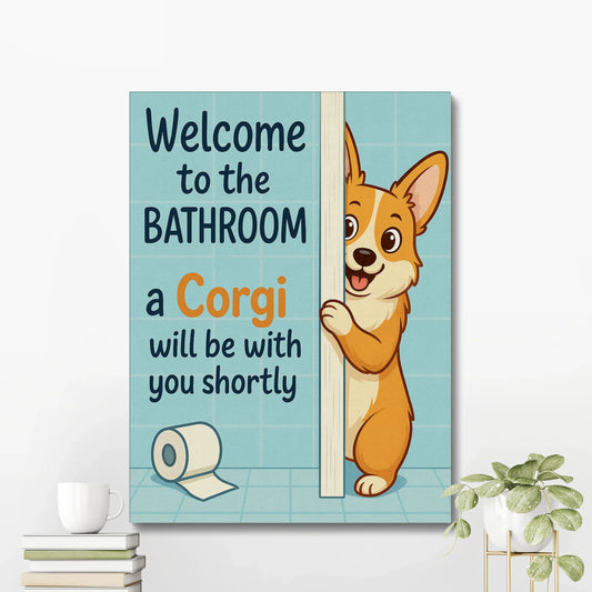 Funny Corgi Bathroom Wall Art – Cute Cartoon Dog Lover Canvas