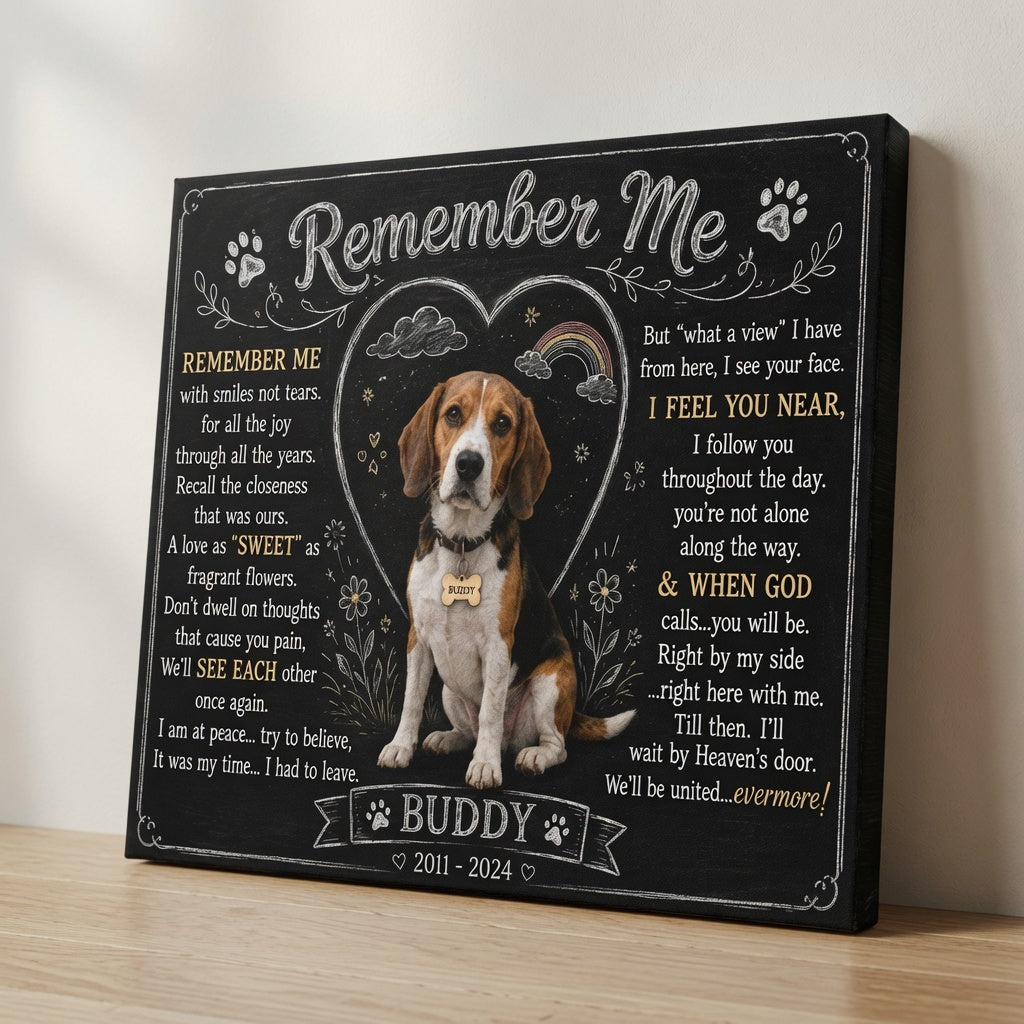 Angled view of personalized Remember Me Buddy dog memorial canvas