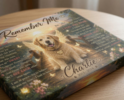 Close angled view of personalized Remember Me dog memorial canvas