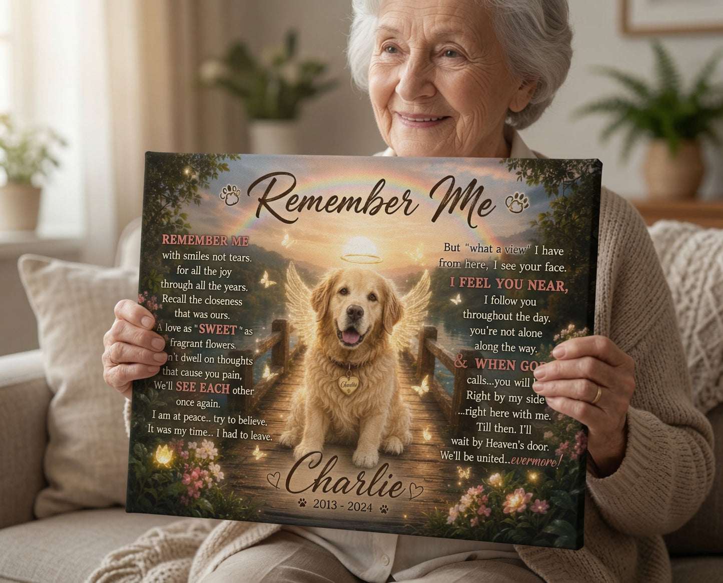 Older woman holding personalized Remember Me dog memorial canvas