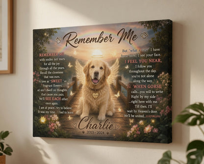 Personalized Remember Me dog memorial canvas displayed on wall