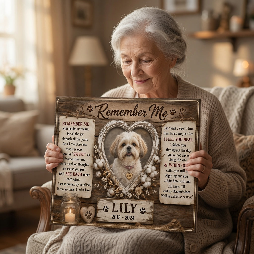 Customer holding rustic Remember Me dog memorial canvas