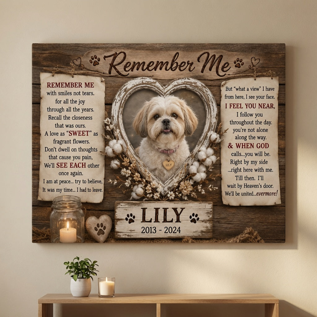 Rustic Remember Me dog memorial canvas on wall