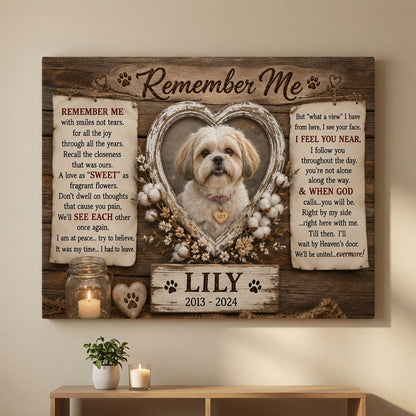 Rustic Remember Me dog memorial canvas on wall