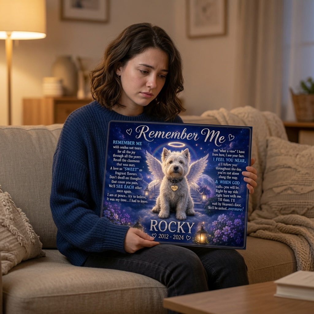 Woman holding personalized Remember Me Rocky dog memorial canvas